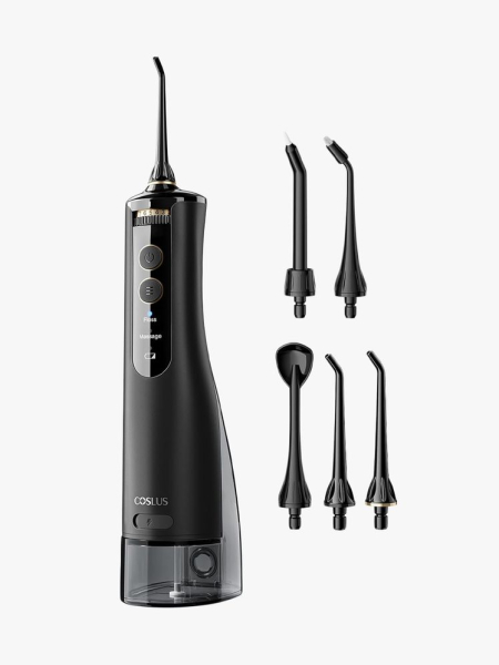 Coslus E40 Portable Water Flosser in branded components on a light gray background